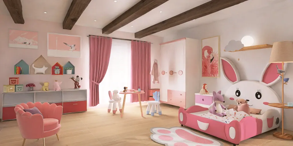 a room with a bed, a dresser, a table and a doll house 