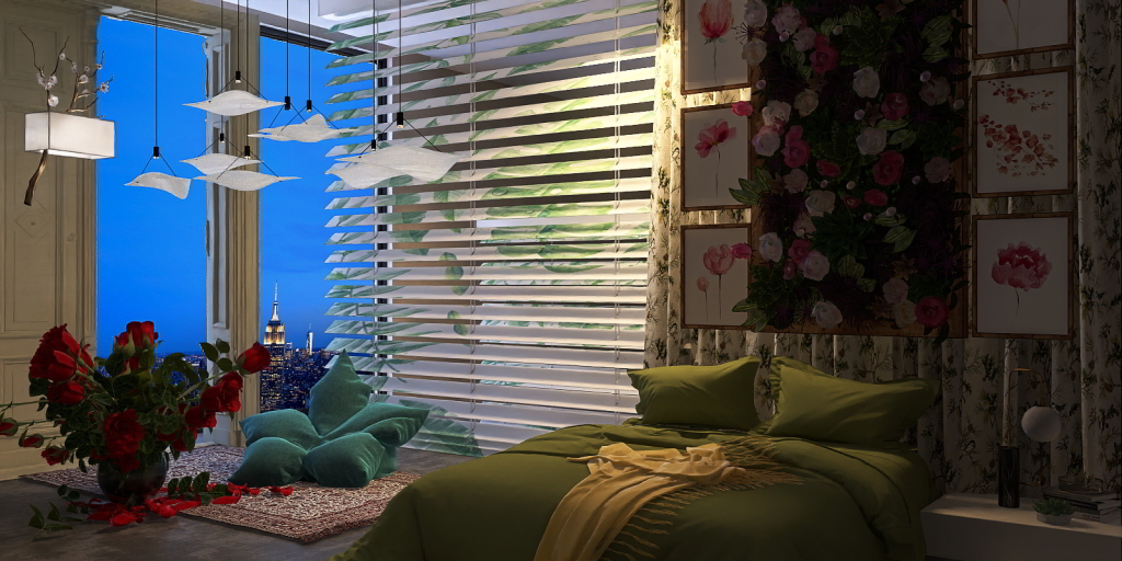 a room with a window and a flower arrangement 