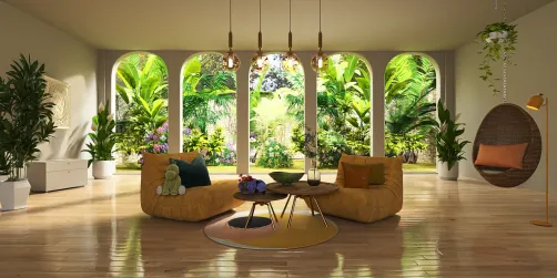 Colorful tropical island house interior