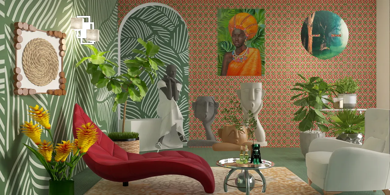 a living room with a painting of a flower arrangement 