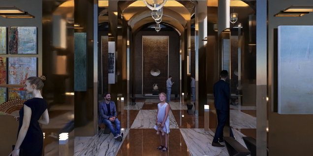 The golden hallway in the art gallery
