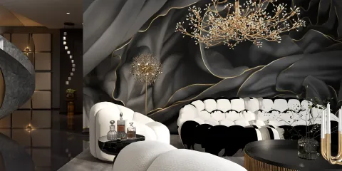 Stylish curved sofas arranged in a modern living room featuring a dramatic black and gold abstract wall design, showcasing interior decor optimization with Homestyler's real-time 3D rendering functionality.