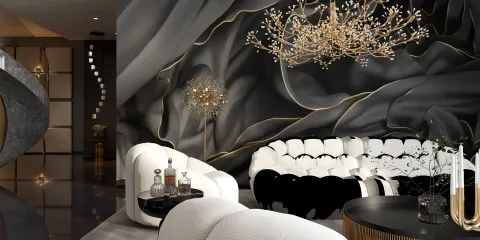 luxurious living room arrangement with modern black and white sofas featuring elegant curves, showcasing a refined design style with high-end decorative elements, utilizing Homestyler's real-time 3D rendering feature for stunning interior design visualization.