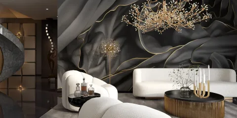 luxurious living room featuring a modern sofa arrangement with an artistic chandelier, elegant decor style, showcasing the allure of contemporary interior design with Homestyler's real-time 3D rendering feature.