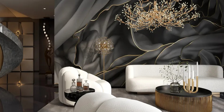 luxurious living room featuring a modern sofa arrangement with an artistic chandelier, elegant decor style, showcasing the allure of contemporary interior design with Homestyler's real-time 3D rendering feature.