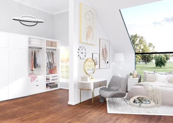bedroom for a girl in white and pink color Design Rendering