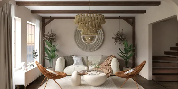 Cozy living room featuring plush seating arrangement and decorative lighting, designed in a modern bohemian style, showcasing indoor plants to enhance the space value, utilizing Homestyler's smart furniture arrangement feature.