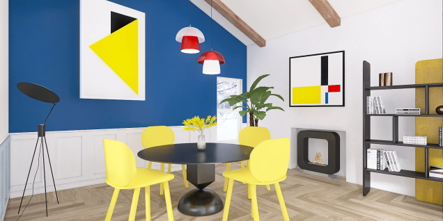 Salle à manger jaune géométrique 