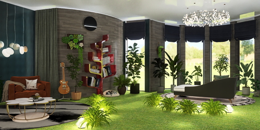 a living room with a large green plant in the corner 
