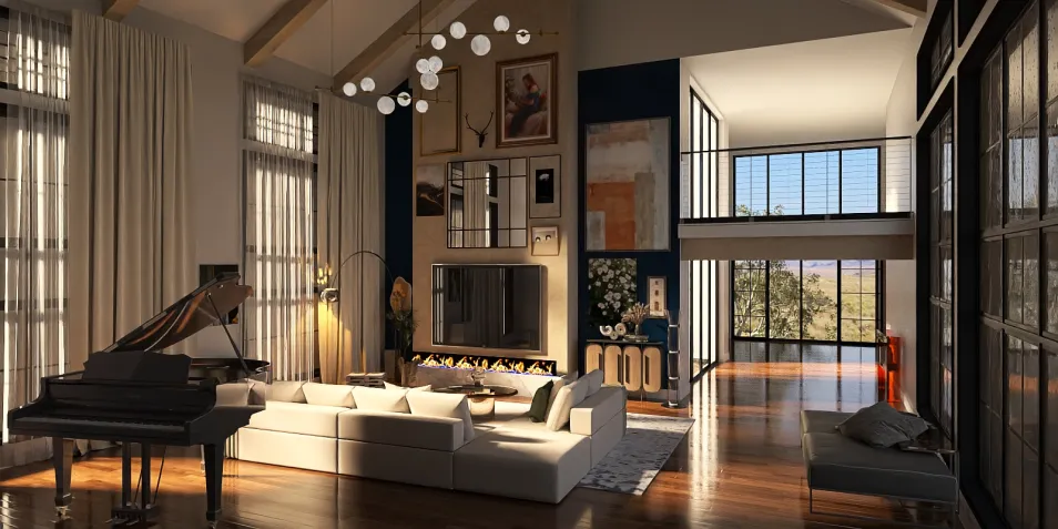 modern living room featuring a grand piano and open space design showcasing a stylish layout with a contemporary aesthetic; utilizing Homestyler's real-time 3D rendering for design visualization.