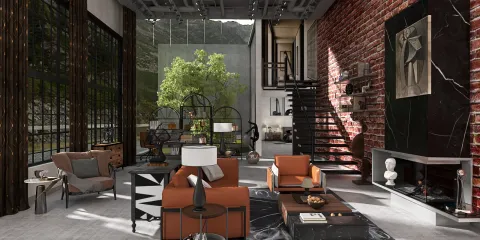 modern living room with cozy furnishings and large windows showcasing a green indoor tree, featuring smart furniture arrangement with 3D rendering and Homestyler's AI layout capabilities for optimal space utilization.