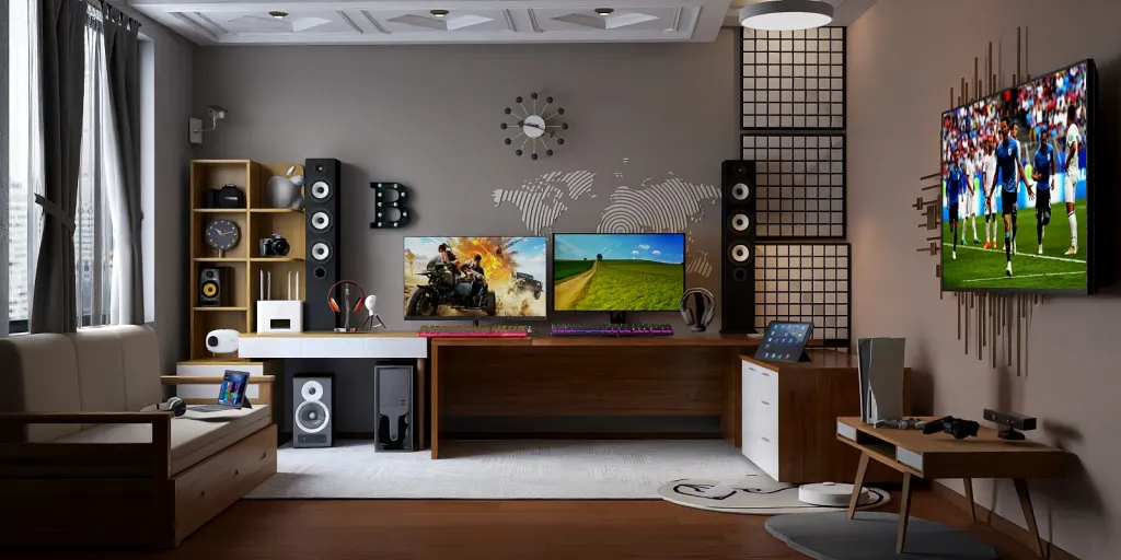 a living room with a tv and a painting on the wall 
