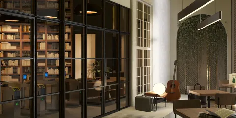 modern bookshelf design showcasing an interior decor setup featuring a relaxing reading area with warm lighting and a mix of wooden furniture, utilizing Homestyler's real-time 3D rendering feature.