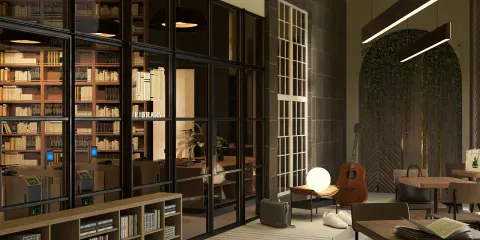 A modern library with glass walls displaying bookshelves, showcasing a cozy reading nook with natural lighting, featuring a guitar and contemporary furniture, created using Homestyler's real-time 3D rendering for interior design visualization.