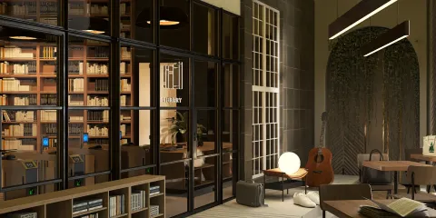 modern library interior featuring glass walls and a cozy reading nook, enhancing space efficiency with smart furniture arrangement using Homestyler's real-time 3D rendering feature.