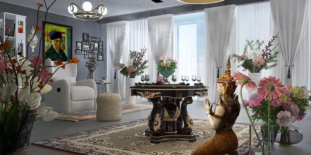 a living room with a vase of flowers on the table 