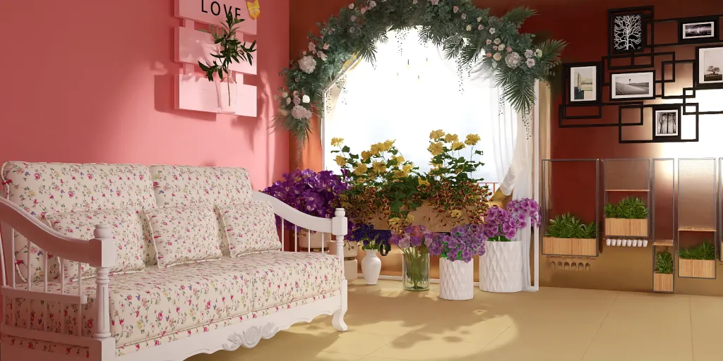 a room with a flower arrangement on the wall 