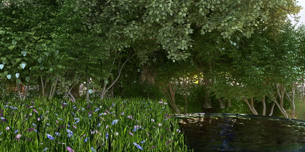 a pond with flowers and trees in it 