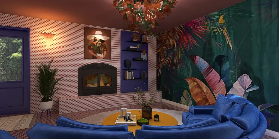 Cozy living room with a vibrant tropical mural, featuring a modern fireplace and stylish furniture arrangement in eclectic style, showcasing Homestyler's real-time 3D rendering feature.