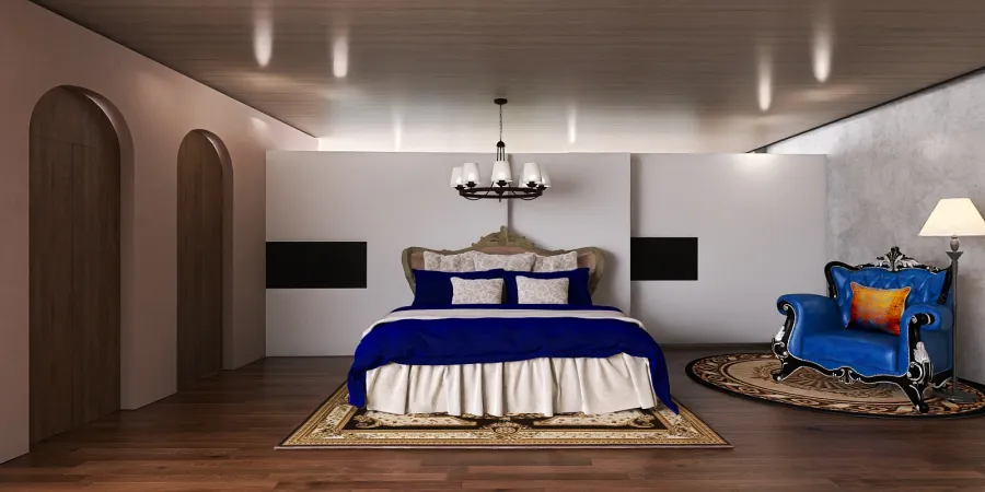 a bed with a white bedspread and a blue bedspread 