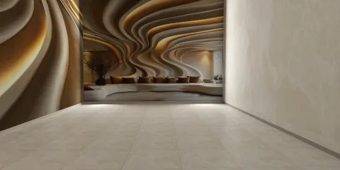 modern living room design featuring a sculptural wall with soft curves and neutral tones, showcasing interior decor optimization using Homestyler's real-time 3D rendering feature.