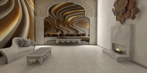 Elegant living room featuring a stylish sofa and a decorative fireplace, showcasing a contemporary design with a touch of art deco elements, emphasizing the interior design theme with Homestyler's real-time 3D rendering feature.