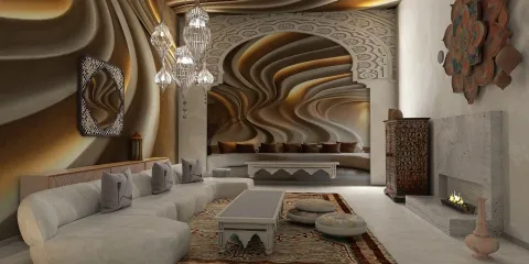 luxurious living room featuring intricate wall designs and elegant lighting, showcasing modern interior decor with a focus on atmospheric warmth and comfort, utilizing Homestyler's real-time 3D rendering functionality for a stunning visual preview.