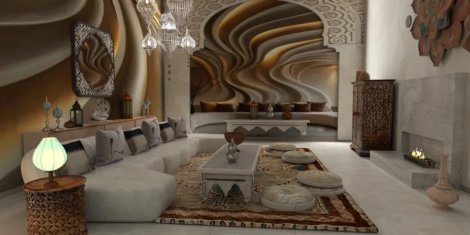 Stylish living room featuring intricate wall designs and elegant lighting, optimized for interior decor using Homestyler's real-time 3D rendering for quick design previews.