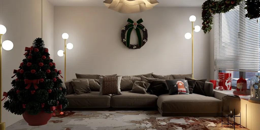 a living room with a christmas tree and a couch 