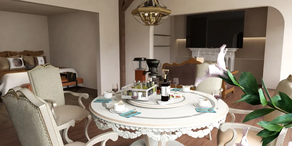 Elegant dining table set with refined tableware in a cozy interior, showcasing modern vintage style and enhancing the dining experience with Homestyler's real-time 3D rendering feature.