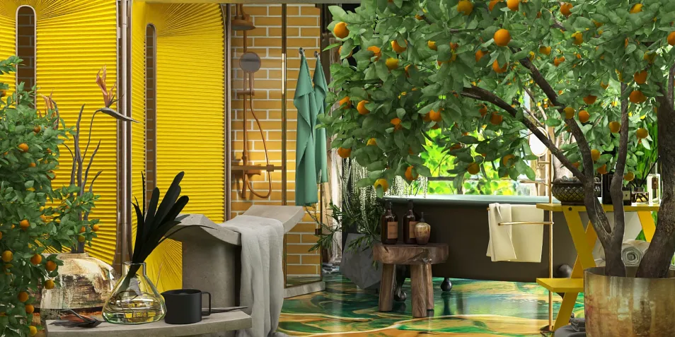 Indoor garden design featuring vibrant yellow walls and lush greenery, showcasing a unique arrangement for space optimization; utilizing Homestyler's smart furniture layout functionality for an inviting atmosphere.