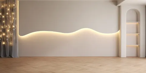 interior wall with wavy light design creating a soft ambiance in a modern minimalist style, showcasing the Homestyler real-time 3D rendering feature for instant design visualization