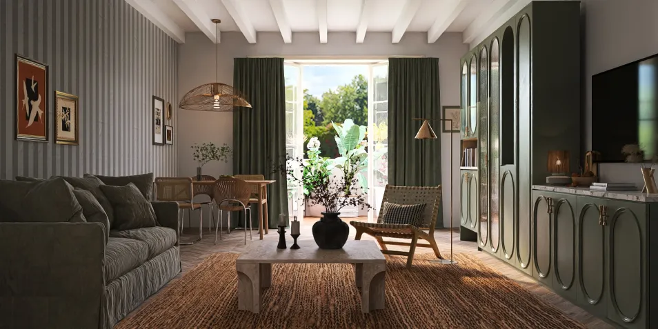 cozy living room with plants and large windows showcasing indoor-outdoor flow, featuring a modern rustic style, highlighting interior decor with Homestyler's real-time 3D rendering capability.