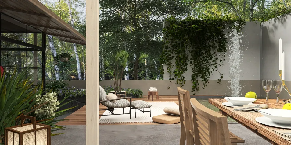 outdoor seating area featuring comfortable lounge chairs and a dining table, designed in a modern style, creating an inviting space for relaxation and outdoor gatherings, utilizing Homestyler's real-time 3D rendering feature.