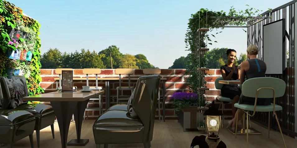 outdoor seating area with greenery and modern furniture creating a cozy ambiance for socializing in a café style, featuring Homestyler's real-time 3D rendering for design proposals.