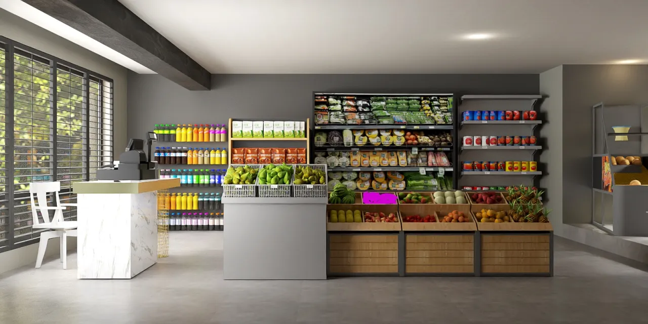 a store with shelves of fruits and vegetables 