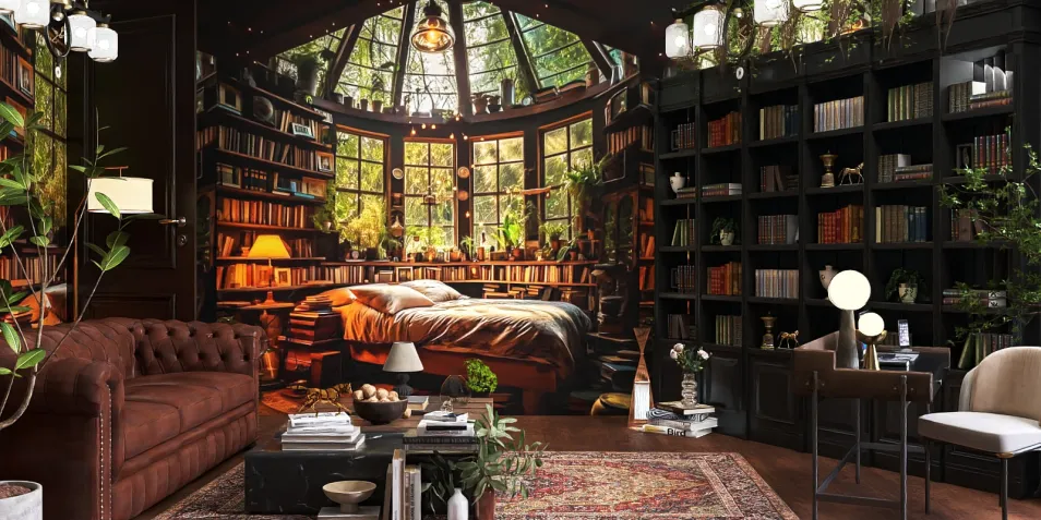 cozy reading nook featuring a large bookshelf and a comfortable sofa with plants enhancing the space, showcasing interior design with Homestyler's real-time 3D rendering for a warm ambiance.