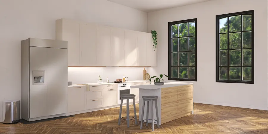 a kitchen with a sink, refrigerator, and a window 