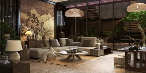 modern living room interior design featuring a spacious layout with a large sectional sofa, natural decor elements, and ambient lighting, showcasing Homestyler's real-time 3D rendering functionality for effective design presentation.