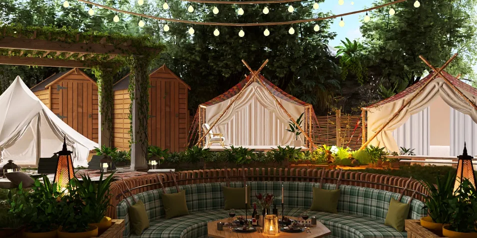 outdoor seating area with cozy arrangement featuring plants and lighting design, creating a warm atmosphere for relaxation; includes interior decor inspired by glamping tents; utilizes Homestyler's real-time 3D rendering feature.