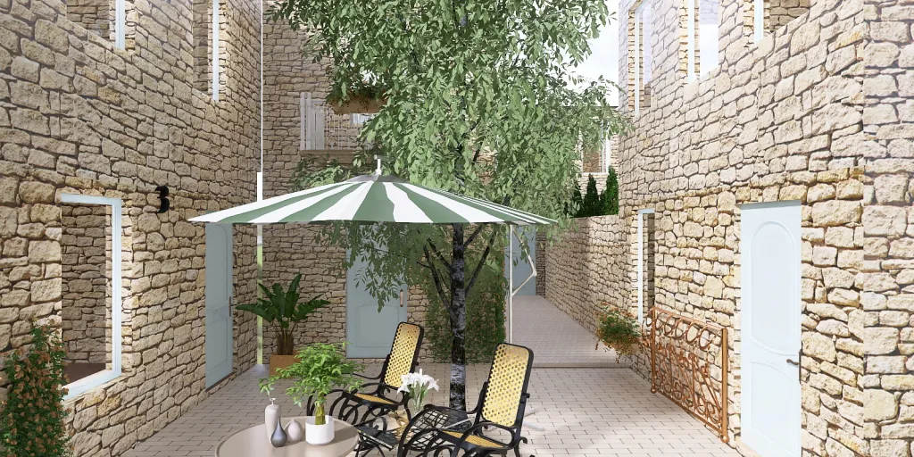 a patio with a patio umbrella and a table 