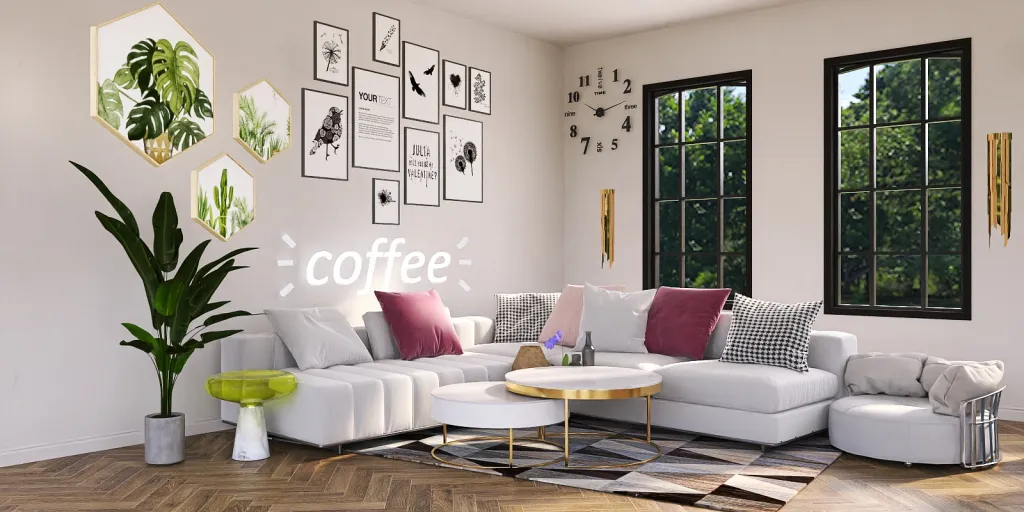 a living room with a couch, coffee table, and a window 