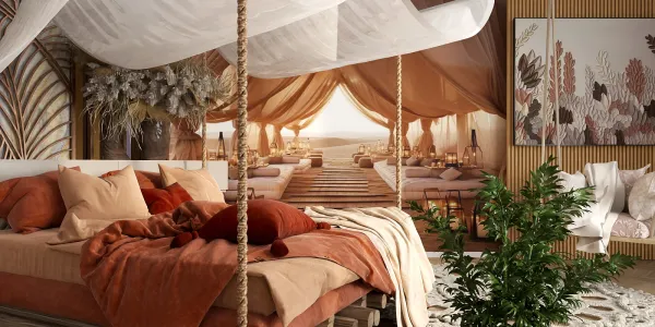 luxurious bedroom featuring a cozy bed arrangement with soft textiles, styled in a minimalist aesthetic, showcasing interior decor ideas for a tranquil retreat using Homestyler's real-time 3D rendering.