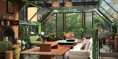 Modern living room with green furniture and wooden accents, showcasing a biophilic design that enhances indoor-outdoor connection, featuring Homestyler's real-time 3D rendering for accurate visual previews.