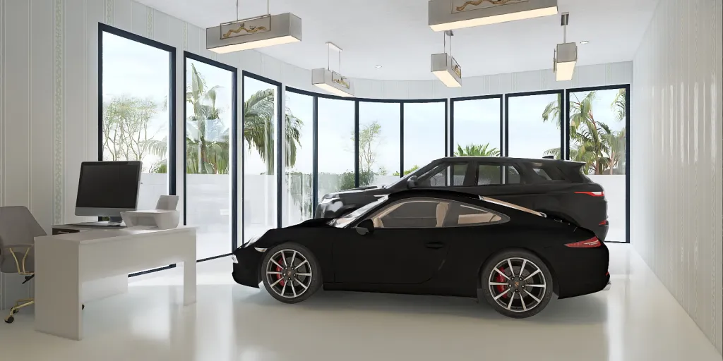 a car is parked in a room with a large window 