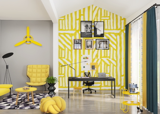 Bureau et salon jaune & gris  Design Rendering