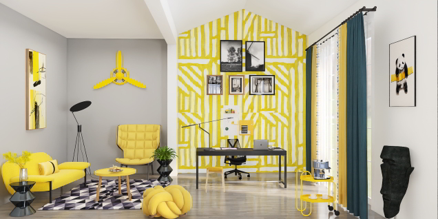 Bureau et salon jaune & gris 