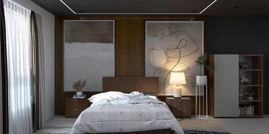a bedroom with a bed, desk, and lamp 