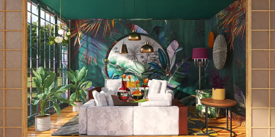 a living room with a table and a plant 
