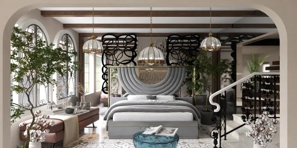 luxurious bedroom design featuring a modern bed arrangement with stylish lamps and greenery in a contemporary style, utilizing Homestyler's real-time 3D rendering for effect preview.